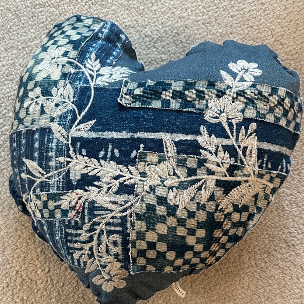 Pottery Barn Blue and White Embroidered  Heart Accent Pillow